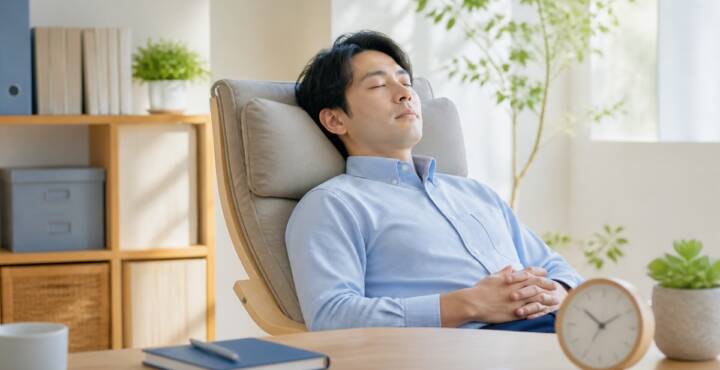 オフィスで短時間のパワーナップを取る男性
