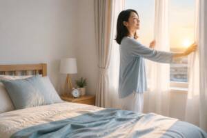 朝の光を浴びながらカーテンを開ける女性